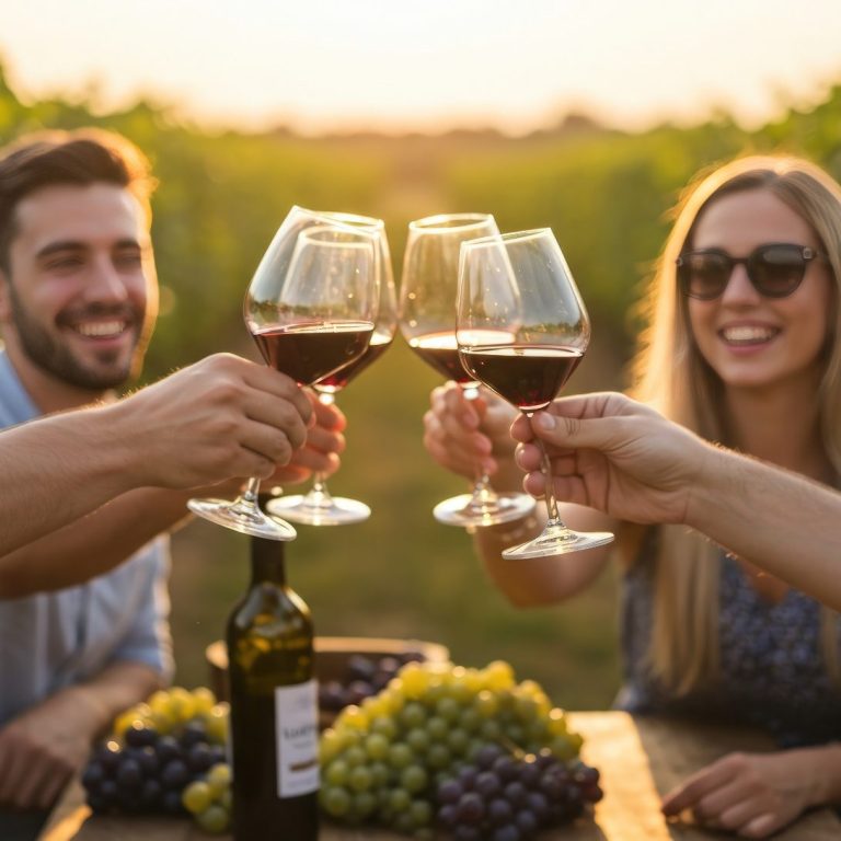 Wine Tasting Experiences Outdoor patio furniture with pink cushions overlooking lush Kelowna's vineyard rows.